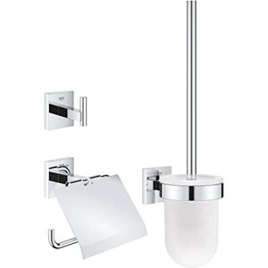 Grohe Start Cube 3-in-1 Toilet Accessories Set Toilet Roll Holder, Toilet Brush, Robe Hook (Metal and Glass, with Screws and Dowels), Extra easy to fit with QuickGlue, Chrome, 41123000 Grohe Start Cube 3-in-1 Toilet Accessories Set Toilet Roll Holder, Toilet Brush, Robe Hook (Metal and Glass, with Screws and Dowels), Extra easy to fit with QuickGlue, Chrome, 41123000