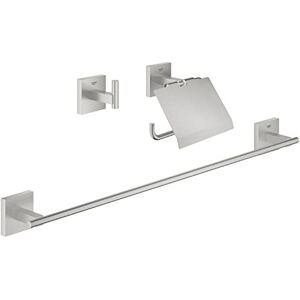 Grohe Start Cube 3-in-1 Bathroom Accessories Set Robe Hook, Toilet Roll Holder with Cover, Towel Rail (Metal, with Screws and Dowels), Easy to Fit with QuickGlue, Stainless Steel, 41124DC0 Grohe Start Cube 3-in-1 Bathroom Accessories Set Robe Hook, Toilet Roll Holder with Cover, Towel Rail (Metal, with Screws and Dowels), Easy to Fit with QuickGlue, Stainless Steel, 41124DC0