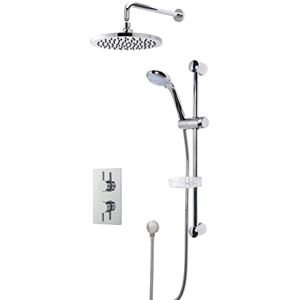 nuie SBR18TW2 Bundle Modern Bathroom Concealed Twin Thermostatic Valve with Diverter, Curved Slide Rail Kit and Outlet Elbow, Round Wall Mounted Arm and Fixed Shower Head, Chrome nuie SBR18TW2 Bundle Modern Bathroom Concealed Twin Thermostatic Valve with Diverter, Curved Slide Rail Kit and Outlet Elbow, Round Wall Mounted Arm and Fixed Shower Head, Chrome