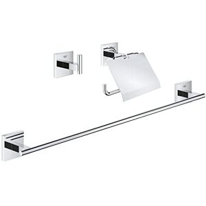Grohe Start Cube 3-in-1 Bathroom Accessories Set Robe Hook, Toilet Roll Holder with Cover, Towel Rail 558mm (Metal, with Screws and Dowels), Extra easy to fit with QuickGlue, Chrome, 41124000 Grohe Start Cube 3-in-1 Bathroom Accessories Set Robe Hook, Toilet Roll Holder with Cover, Towel Rail 558mm (Metal, with Screws and Dowels), Extra easy to fit with QuickGlue, Chrome, 41124000