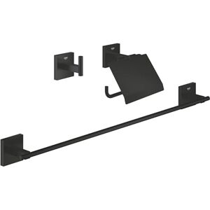 Grohe Start Cube QuickFix 3-in-1 Bathroom Accessories Set- Robe Hook, Toilet Roll Holder with Cover, Towel Rail (Metal, with Screws and Dowels), Easy to Fit QuickGlue, Matt Black, 411242430 Grohe Start Cube QuickFix 3-in-1 Bathroom Accessories Set- Robe Hook, Toilet Roll Holder with Cover, Towel Rail (Metal, with Screws and Dowels), Easy to Fit QuickGlue, Matt Black, 411242430