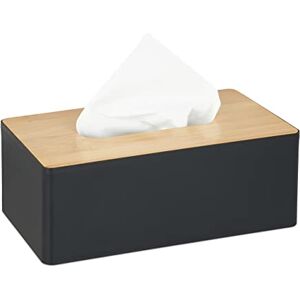 Relaxdays Tissue Box with Bamboo Lid, Refillable, Bathroom, Modern Dispenser, Plastic, 10 x 26 x 14 cm, Black/Natural Relaxdays Tissue Box with Bamboo Lid, Refillable, Bathroom, Modern Dispenser, Plastic, 10 x 26 x 14 cm, Black/Natural