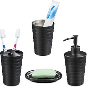 Relaxdays Bathroom Accessory Set, 4-Piece, Soap Dispenser, Dish, Toothbrush Holder, Cup, Stainless Steel, Anthracite, 100%, 17 x 7 x 7 cm