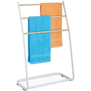 Relaxdays Towel Rack, 3 Rails, H x W x D: 87 x 58 x 29.5 cm, Standing Towel Holder, Wood Optic, Iron, White Relaxdays Towel Rack, 3 Rails, H x W x D: 87 x 58 x 29.5 cm, Standing Towel Holder, Wood Optic, Iron, White