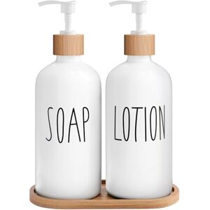 MOMEEMO White Soap Dispenser Bathroom Set, Bathroom Soap Dispenser Set with Glass Soap Dispenser, Bamboo Pumps & Tray. Soap and Lotion Dispenser Set Suitable for Bathroom Accessories Decor. (White) MOMEEMO White Soap Dispenser Bathroom Set, Bathroom Soap Dispenser Set with Glass Soap Dispenser, Bamboo Pumps & Tray. Soap and Lotion Dispenser Set Suitable for Bathroom Accessories Decor. (White)