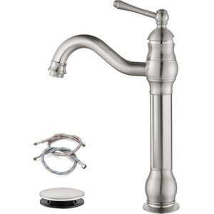 gotonovo Brushed Nickel Bathroom Vessel Sink Faucet with Pop Up Drain Single Lever Handle 1 Hole Bowl Sink Mixer Tap Tall Spout Lavatory Vanity gotonovo Brushed Nickel Bathroom Vessel Sink Faucet with Pop Up Drain Single Lever Handle 1 Hole Bowl Sink Mixer Tap Tall Spout Lavatory Vanity