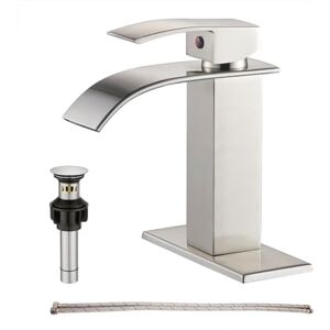 GENBONS Waterfall Single Handle Bathroom Vanity Sink Faucet with Metal Pop-up Drain, Brushed Nickel Finish GENBONS Waterfall Single Handle Bathroom Vanity Sink Faucet with Metal Pop-up Drain, Brushed Nickel Finish