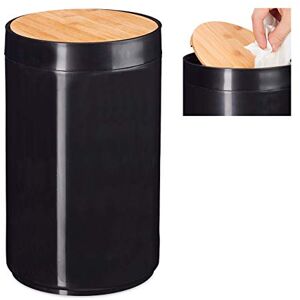 Relaxdays Sanitary Bin, Bamboo Swing Lid, Modern Bathroom Trash Can, Plastic, 5.5 L, H x D: 26.5 x 18 cm, Black Relaxdays Sanitary Bin, Bamboo Swing Lid, Modern Bathroom Trash Can, Plastic, 5.5 L, H x D: 26.5 x 18 cm, Black
