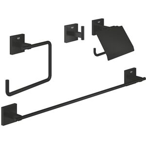 Grohe Start Cube 4-in1 Bathroom Accessories Set Robe Hook, Towel Ring, Toilet Roll Holder, Towel Rail 558mm (Metal, with Screws and Dowels), Easy to Fit QuickGlue, Matt Black, 411152430 Grohe Start Cube 4-in1 Bathroom Accessories Set Robe Hook, Towel Ring, Toilet Roll Holder, Towel Rail 558mm (Metal, with Screws and Dowels), Easy to Fit QuickGlue, Matt Black, 411152430
