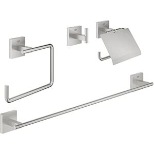 Grohe Start Cube 4-in1 Bathroom Accessories Set Robe Hook, Towel Ring, Toilet Roll Holder, Towel Rail (Metal, with Screws and Dowels), Easy to Fit with QuickGlue, Stainless Steel, 41115DC0 Grohe Start Cube 4-in1 Bathroom Accessories Set Robe Hook, Towel Ring, Toilet Roll Holder, Towel Rail (Metal, with Screws and Dowels), Easy to Fit with QuickGlue, Stainless Steel, 41115DC0