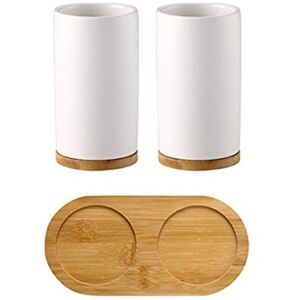 AZX Ceramic Bathroom Accessory Set Soap Dispenser Toothpaste Toothbrush Cup With Bamboo Board (2 White Cups)