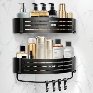 Carehabi Shower Shelf, No Drilling, Pack of 2, Self-Adhesive Corner Shelf, Bathroom Organiser with 8 Hooks, Black Shower Shelf, Shower Basket for Bathroom, Kitchen Carehabi Shower Shelf, No Drilling, Pack of 2, Self-Adhesive Corner Shelf, Bathroom Organiser with 8 Hooks, Black Shower Shelf, Shower Basket for Bathroom, Kitchen