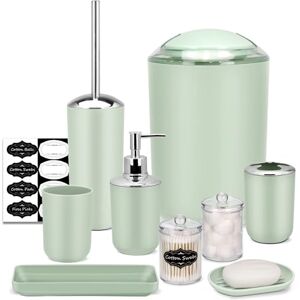 IMAVO Bathroom Accessory Set 8 Pcs Green Bathroom Accessories Set with Trash Can, Soap Dispenser, Soap Dish, Toothbrush Holder, Toothbrush Cup, Toilet Brush Holder, Qtip Holder Dispenser with Labels IMAVO Bathroom Accessory Set 8 Pcs Green Bathroom Accessories Set with Trash Can, Soap Dispenser, Soap Dish, Toothbrush Holder, Toothbrush Cup, Toilet Brush Holder, Qtip Holder Dispenser with Labels