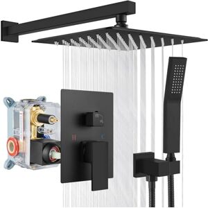 gotonovo Rain Shower System Matte Black Square 12 Inch Shower Head with Hand Held Shower Rough in Valve Rainfall Shower Complete Combo Set Wall Mounted Bathroom gotonovo Rain Shower System Matte Black Square 12 Inch Shower Head with Hand Held Shower Rough in Valve Rainfall Shower Complete Combo Set Wall Mounted Bathroom