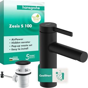 Hansgrohe Zesis S Bathroom tap with pop-up Waste Set, Energy-Saving (CoolStart), Bathroom Sink tap with spout Height 104 mm, Basin Mixer tap Water-Saving (EcoSmart+), matt Black, 74720670 Hansgrohe Zesis S Bathroom tap with pop-up Waste Set, Energy-Saving (CoolStart), Bathroom Sink tap with spout Height 104 mm, Basin Mixer tap Water-Saving (EcoSmart+), matt Black, 74720670