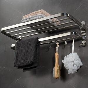 Cheerhom SUS304 Stainless Steel Towel Rail Wall Mounted for Bathroom, Foldable Self-Adhesive Towel Rail with 5 Hooks, 39 x 16.5 x 15.5 cm Cheerhom SUS304 Stainless Steel Towel Rail Wall Mounted for Bathroom, Foldable Self-Adhesive Towel Rail with 5 Hooks, 39 x 16.5 x 15.5 cm