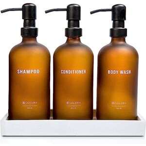 Casa Sofia Shampoo and Conditioner Dispenser (Set of 3,16oz) Shower Soap Bottles, Refillable Body Wash Dispensers with Pump, Modern Frosted Amber Glass Guest Bathroom Decor Essentials Bottle & Tray Casa Sofia Shampoo and Conditioner Dispenser (Set of 3,16oz) Shower Soap Bottles, Refillable Body Wash Dispensers with Pump, Modern Frosted Amber Glass Guest Bathroom Decor Essentials Bottle & Tray