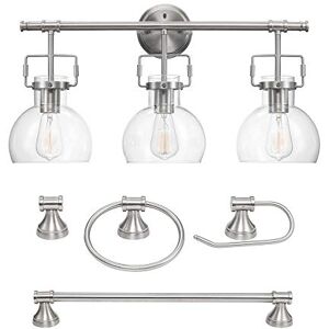 Globe Electric Walker 5-Piece All-in-One Bathroom Set, 3-Light Vanity Shades, Bar, Towel Ring, Robe Hook, Toilet Paper Holder 51299, 13.8", Brushed Nickel with Clear Glass Globe Electric Walker 5-Piece All-in-One Bathroom Set, 3-Light Vanity Shades, Bar, Towel Ring, Robe Hook, Toilet Paper Holder 51299, 13.8", Brushed Nickel with Clear Glass