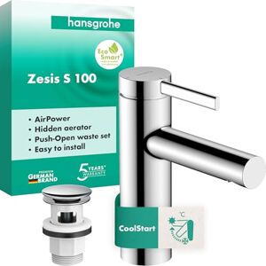 Hansgrohe Zesis S Bathroom tap with Push-Open Waste Set, Energy-Saving (CoolStart), Bathroom Sink tap with spout Height 104 mm, Basin Mixer tap Water-Saving (EcoSmart+), Chrome, 74724000 Hansgrohe Zesis S Bathroom tap with Push-Open Waste Set, Energy-Saving (CoolStart), Bathroom Sink tap with spout Height 104 mm, Basin Mixer tap Water-Saving (EcoSmart+), Chrome, 74724000