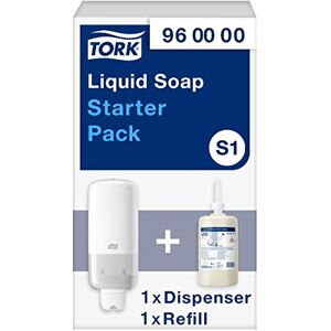 Tork Liquid and Spray Skincare Wall Mounted Dispenser Starter Pack White S1/S11, Economical, Dispenser and 1 x 1000ml Mild Liquid Soap Refill, 960000 Tork Liquid and Spray Skincare Wall Mounted Dispenser Starter Pack White S1/S11, Economical, Dispenser and 1 x 1000ml Mild Liquid Soap Refill, 960000