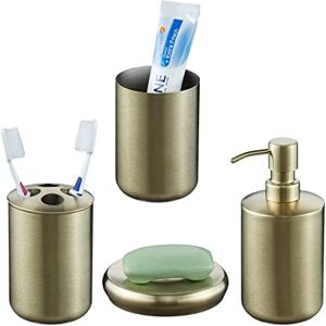 Relaxdays Bathroom Accessory Set, 4-Piece, Soap Dispenser, Dish, Toothbrush Holder, Cup, Stainless Steel, Gold, 17 x 7.5 x 7.5 cm Relaxdays Bathroom Accessory Set, 4-Piece, Soap Dispenser, Dish, Toothbrush Holder, Cup, Stainless Steel, Gold, 17 x 7.5 x 7.5 cm