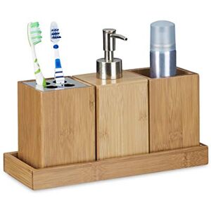 Relaxdays Bath Accessory 4-Piece Set, Bamboo, Toothbrush Holder, Soap Dispenser, Soap Dish, Holder, Natural Relaxdays Bath Accessory 4-Piece Set, Bamboo, Toothbrush Holder, Soap Dispenser, Soap Dish, Holder, Natural