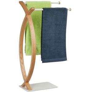 Relaxdays Holder, 2 Bars, Free-Standing, HxWxD: 79.5 x 42 x 28 cm, Bathroom Towel Rail, Steel & MDF, White/Natural Relaxdays Holder, 2 Bars, Free-Standing, HxWxD: 79.5 x 42 x 28 cm, Bathroom Towel Rail, Steel & MDF, White/Natural