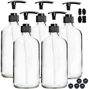 Youngever 5 Pack Empty 250ML Clear Glass Pump Bottles, 8 Ounce Lotion Pump Bottles, Soap Dispenser, Refillable Containers for Essential Oils, Cleaning Products, Lotions, Durable Black Pumps Youngever 5 Pack Empty 250ML Clear Glass Pump Bottles, 8 Ounce Lotion Pump Bottles, Soap Dispenser, Refillable Containers for Essential Oils, Cleaning Products, Lotions, Durable Black Pumps