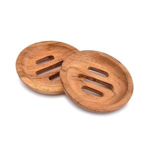 EDHAS Acacia Wood Soap Case Set of 2, Soap Case Holder for Bathroom Essentials Wood Round Hollow Soap Dish (12.7cm x 12.7cm x 1.90cm)