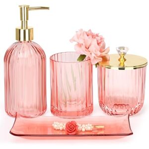 Haturi Bathroom Accessories Set, 4 Pcs Glass Bathroom Accessories Sets Complete w/Lotion Soap Dispenser, Toothbrush Holder, Apothecary Jar, Vanity Tray, Modern Bathroom Decor, Gift for Home Apartment- Pink Haturi Bathroom Accessories Set, 4 Pcs Glass Bathroom Accessories Sets Complete w/Lotion Soap Dispenser, Toothbrush Holder, Apothecary Jar, Vanity Tray, Modern Bathroom Decor, Gift for Home Apartment- Pink