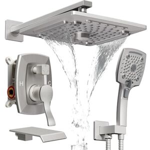ELLO&ALLO Shower Tub Shower Faucet Set Brushed Nickel Mixing Valve and Trim Kit, Rainfall Waterfall Shower Head with Handheld Combo ELLO&ALLO Shower Tub Shower Faucet Set Brushed Nickel Mixing Valve and Trim Kit, Rainfall Waterfall Shower Head with Handheld Combo