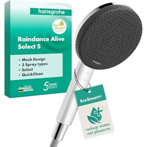 Hansgrohe Raindance Alive Select S Water-Saving Shower Head 5,7 l/min (EcoSmart+), Hand Shower Round (125 mm) with 3 Sprays (incl. PowderRain), with Anti-limescale Function, Chrome, 24512000 Hansgrohe Raindance Alive Select S Water-Saving Shower Head 5,7 l/min (EcoSmart+), Hand Shower Round (125 mm) with 3 Sprays (incl. PowderRain), with Anti-limescale Function, Chrome, 24512000