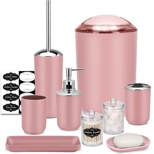 IMAVO Bathroom Accessory Set 8 Pcs Pink Set with Trash Can, Soap Dispenser, Soap Dish, Toothbrush Holder, Toothbrush Cup, Toilet Brush Holder, Qtip Dispenser IMAVO Bathroom Accessory Set 8 Pcs Pink Set with Trash Can, Soap Dispenser, Soap Dish, Toothbrush Holder, Toothbrush Cup, Toilet Brush Holder, Qtip Dispenser