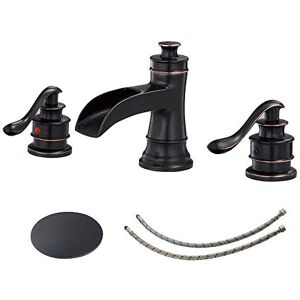 BWE 3 Hole Widespread Bathroom Faucet 8“ Oil Rubbed Bronze Farmhouse Waterfall Pop Up Drain Stopper Assembly with Overflow and Supply Line Lead-Free Two Handle Bath Lavatory Sink ORB Mixer Tap BWE 3 Hole Widespread Bathroom Faucet 8“ Oil Rubbed Bronze Farmhouse Waterfall Pop Up Drain Stopper Assembly with Overflow and Supply Line Lead-Free Two Handle Bath Lavatory Sink ORB Mixer Tap