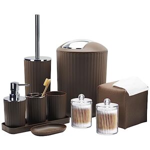 Bthenov Bathroom Accessory Set 10 Piece Brown Bathroom Accessories Set with Trash Can, Toothbrush Holder and Cup, Soap Dispenser, Soap Dish, Toilet Brush Holder, Vanity Tray, Qtip Holder, Tissue Box Cover Bthenov Bathroom Accessory Set 10 Piece Brown Bathroom Accessories Set with Trash Can, Toothbrush Holder and Cup, Soap Dispenser, Soap Dish, Toilet Brush Holder, Vanity Tray, Qtip Holder, Tissue Box Cover