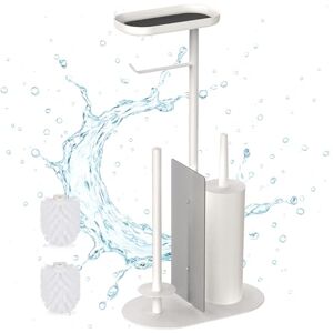 Relaxdays set, HxWxD: 65 x 26 x 17 cm, freestanding toilet holder with brush and spare roll, shelf, white, Plastic, Foam, Iron Relaxdays set, HxWxD: 65 x 26 x 17 cm, freestanding toilet holder with brush and spare roll, shelf, white, Plastic, Foam, Iron