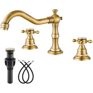 gotonovo Bathroom Sink Faucet Widespread Double Cross Knobs Antique Brass 3 Hole Mixing Tap Deck Mount with Pop Up Drain gotonovo Bathroom Sink Faucet Widespread Double Cross Knobs Antique Brass 3 Hole Mixing Tap Deck Mount with Pop Up Drain