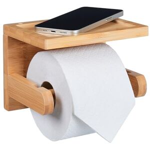 Relaxdays Toilet Roll Holder, no Drilling, Adhesive, Wall Mounted, Bamboo, with Shelf, 12.5 x 16.5 x 12.5 cm, Natural Relaxdays Toilet Roll Holder, no Drilling, Adhesive, Wall Mounted, Bamboo, with Shelf, 12.5 x 16.5 x 12.5 cm, Natural