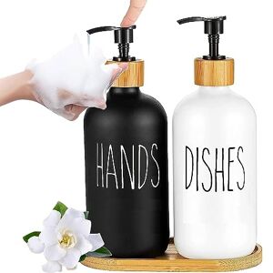 Funvalley Surperfect 2 Pack Glass Soap Dispenser Set with Tray and Bamboo Dish Brush, Dish and Hand Soap Dispenser 17oz Kitchen Dish Soap Dispenser Set Farmhouse Decor Dish Soap Pump Bottle (Black & White -2pack)