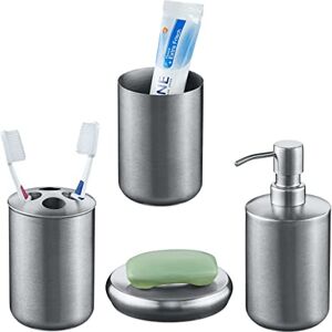 Relaxdays Bathroom Accessory Set, 4-Piece, Soap Dispenser, Dish, Toothbrush Holder, Cup, Stainless Steel, Silver, 12 x 8 cm Relaxdays Bathroom Accessory Set, 4-Piece, Soap Dispenser, Dish, Toothbrush Holder, Cup, Stainless Steel, Silver, 12 x 8 cm