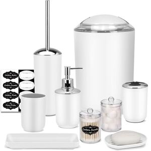 IMAVO Bathroom Accessory Set 8 Pcs White Set with Trash Can, Soap Dispenser, Soap Dish, Toothbrush Holder, Toothbrush Cup, Toilet Brush Holder, Qtip Dispenser IMAVO Bathroom Accessory Set 8 Pcs White Set with Trash Can, Soap Dispenser, Soap Dish, Toothbrush Holder, Toothbrush Cup, Toilet Brush Holder, Qtip Dispenser
