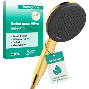 Hansgrohe Raindance Alive Select S Water-Saving Shower Head 7,1 l/min (EcoSmart), Hand Shower Round with 3 Sprays (incl. PowderRain), with Anti-limescale Function, Polished Gold Optic, 24511990 Hansgrohe Raindance Alive Select S Water-Saving Shower Head 7,1 l/min (EcoSmart), Hand Shower Round with 3 Sprays (incl. PowderRain), with Anti-limescale Function, Polished Gold Optic, 24511990