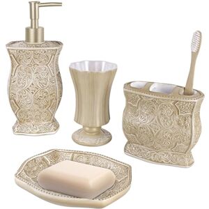 Creative Labs Victoria Bath Ensemble, 4 Piece Bathroom Accessories Set, Victoria Collection Bath Gift Set Features Soap Dispenser, Toothbrush Holder, Tumbler, & Soap Dish by Creative Labs Victoria Bath Ensemble, 4 Piece Bathroom Accessories Set, Victoria Collection Bath Gift Set Features Soap Dispenser, Toothbrush Holder, Tumbler, & Soap Dish by