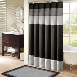 Madison Park Bathroom Shower Faux Silk Pieced Striped Modern Microfiber Bath Curtains, Black, 72" W x 72" L (Pack of 1) Madison Park Bathroom Shower Faux Silk Pieced Striped Modern Microfiber Bath Curtains, Black, 72" W x 72" L (Pack of 1)