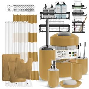 Clara Clark Bathroom Set 28PC Bathroom Set with Adhesive Corner Shower Caddy Hanging, Bathroom Sets with Shower Curtain and Rugs, Gold Shower Curtain Set with Bathroom Trash Can Clara Clark Bathroom Set 28PC Bathroom Set with Adhesive Corner Shower Caddy Hanging, Bathroom Sets with Shower Curtain and Rugs, Gold Shower Curtain Set with Bathroom Trash Can