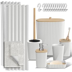Clara Clark Bathroom Accessories Set Bathroom Accessory Set with Shower Curtain Set, Toilet Brush, Trash Can & Soap Dispenser & Rugs (White, Complete Set + Bath Rugs) Clara Clark Bathroom Accessories Set Bathroom Accessory Set with Shower Curtain Set, Toilet Brush, Trash Can & Soap Dispenser & Rugs (White, Complete Set + Bath Rugs)