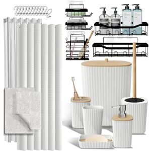 Clara Clark Shower Caddy and Bathroom Accessories Set with Bath Rugs 27PC Bathroom Accessory Set with Shower Caddies White Bath Rugs, Shower Curtain Set, Toilet Brush, Trash Can, Soap Dispenser, Toothbrush holder Clara Clark Shower Caddy and Bathroom Accessories Set with Bath Rugs 27PC Bathroom Accessory Set with Shower Caddies White Bath Rugs, Shower Curtain Set, Toilet Brush, Trash Can, Soap Dispenser, Toothbrush holder