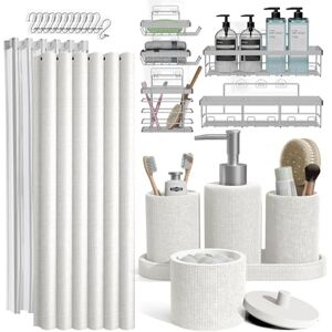 Clara Clark Bathroom Set White Bathroom Accessories Set, 24PC Bathroom Accessory Set, Bathroom Sets with Shower Curtain Set, Adhesive Corner Shower Caddy Hanging & Soap Dispenser Clara Clark Bathroom Set White Bathroom Accessories Set, 24PC Bathroom Accessory Set, Bathroom Sets with Shower Curtain Set, Adhesive Corner Shower Caddy Hanging & Soap Dispenser