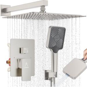 JQBQS Shower System Modern Rain 12 inches Brass Shower Faucet Set with Valve and Diverter Shower Mixer with Handheld High Pressure Square Rainfall Shower Rough-in Valve (12‘’, Brushed Nickel) JQBQS Shower System Modern Rain 12 inches Brass Shower Faucet Set with Valve and Diverter Shower Mixer with Handheld High Pressure Square Rainfall Shower Rough-in Valve (12‘’, Brushed Nickel)