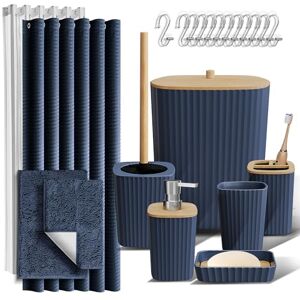 Clara Clark Bathroom Accessories Set Bathroom Accessory Set with Shower Curtain Set, Toilet Brush, Trash Can & Soap Dispenser & Rugs (Navy Blue, Complete Set + Bath Rugs) Clara Clark Bathroom Accessories Set Bathroom Accessory Set with Shower Curtain Set, Toilet Brush, Trash Can & Soap Dispenser & Rugs (Navy Blue, Complete Set + Bath Rugs)